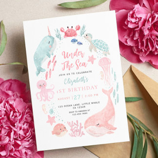 Invitation Animaux de l'océan mignons pour le 1er anniversair