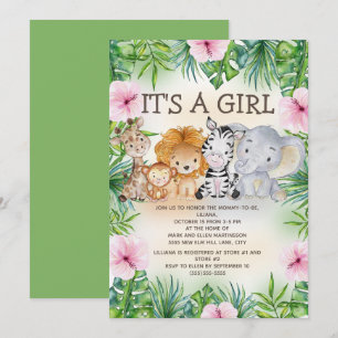 Invitation Animaux de safari de la jungle mignons Bébé fille