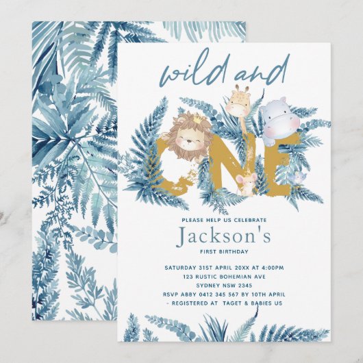 Invitation Animaux de Safari Exotiques Premier Anniversaire (Devant / Derrière)