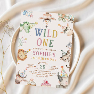 Invitation Animaux de safari mignons Fille 1er anniversaire