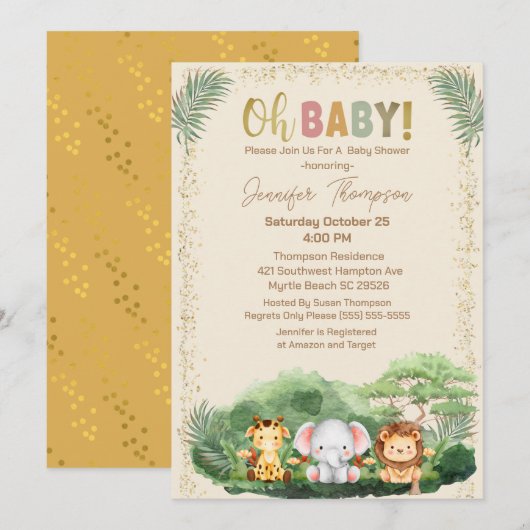 Invitation Animaux de Safari Mignons Nature Beige Baby Shower (Devant / Derrière)
