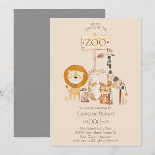Invitation Animaux de zoo mignons sur fond beige
