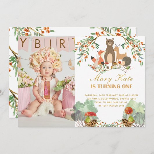 Invitation Animaux des bois 1er anniversaire (Devant / Derrière)