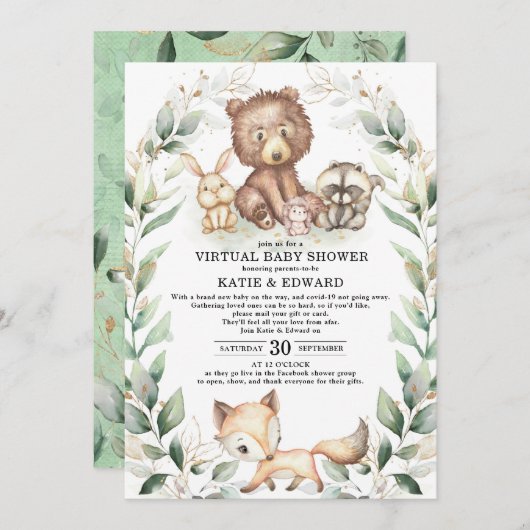 Invitation Animaux des bois Baby shower virtuel Verdure Or (Devant / Derrière)