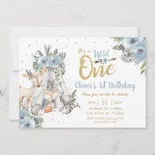 Invitation Animaux des bois Bleu tribal Wild Un 1er anniversa (Devant)