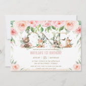 Invitation Animaux des bois Blush Floral Un 1er anniversaire (Devant)
