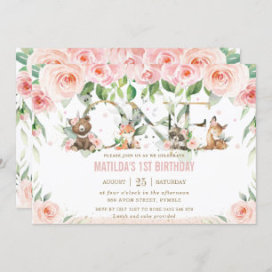 Invitation Animaux des bois Blush Floral Un 1er anniversaire