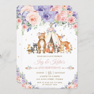 Invitation Animaux des bois Blush Lilac Floral Anniversaire