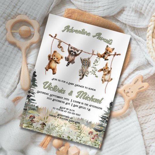 Invitation Animaux des bois Clothesline Baby shower forestier