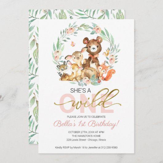 Invitation Animaux des bois Elle est un sauvage Un premier an (Devant / Derrière)