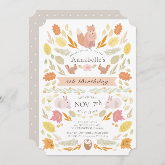 Invitation Animaux des bois Feuillage d'automne Anniversaire (Devant / Derrière)