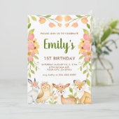 Invitation Animaux des bois Floral 1er anniversaire (Debout devant)