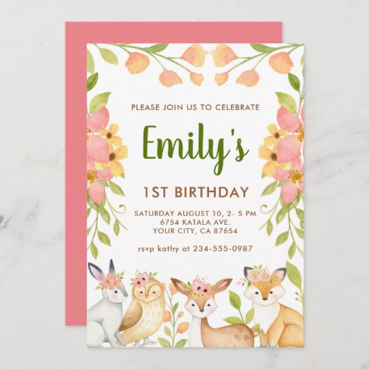Invitation Animaux des bois Floral 1er anniversaire (Devant / Derrière)