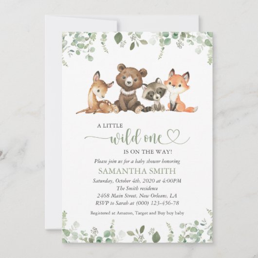 Invitation Animaux des bois, Forêt, Un sauvage, Baby shower (Devant)