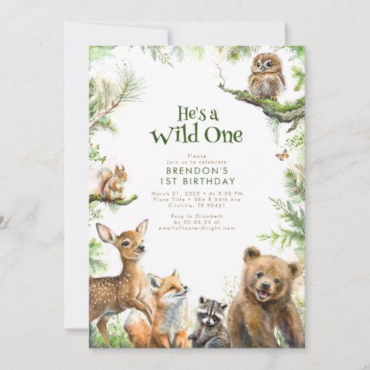 Invitation Animaux des bois Il est un sauvage 1er anniversair (Devant)