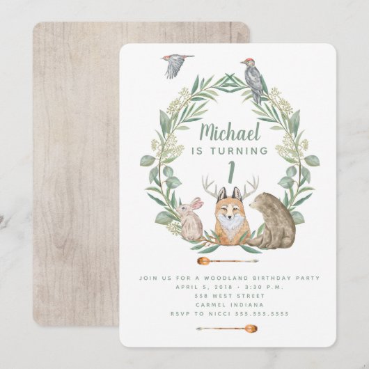 Invitation Animaux des bois Première fête d'anniversaire Invi (Devant / Derrière)
