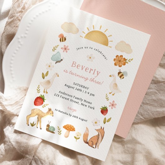 Invitation Animaux des bois rose Anniversaire