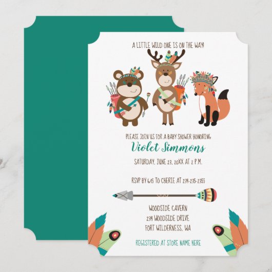 Invitation Animaux des forêts tribales Aqua Baby shower Invit (Devant / Derrière)