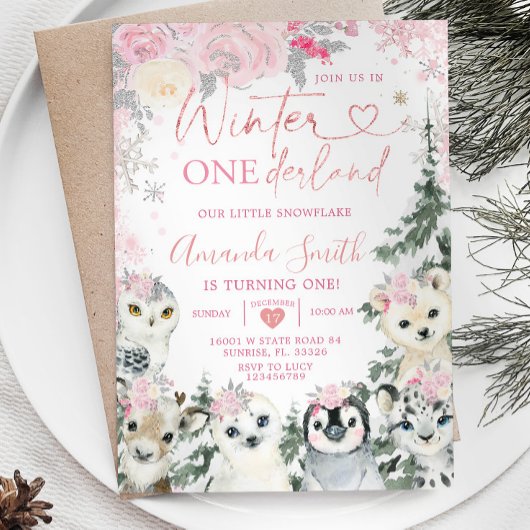 Invitation Animaux d'hiver roses Onederland Flocon de neige A