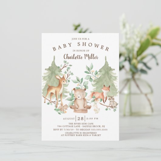 Invitation Animaux forestiers des bois Baby shower neutre (Debout devant)