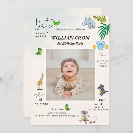 Invitation Animaux forestiers Première année Premier annivers (Devant / Derrière)