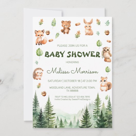 Invitation Animaux forestiers rustiques Bois Bébé Garçon Douc (Devant)