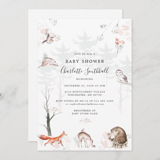 Invitation Animaux forestiers Script Baby shower moderne (Devant / Derrière)