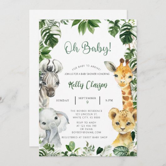 Invitation Animaux Jungle Safari Oh Baby shower garçon (Devant / Derrière)