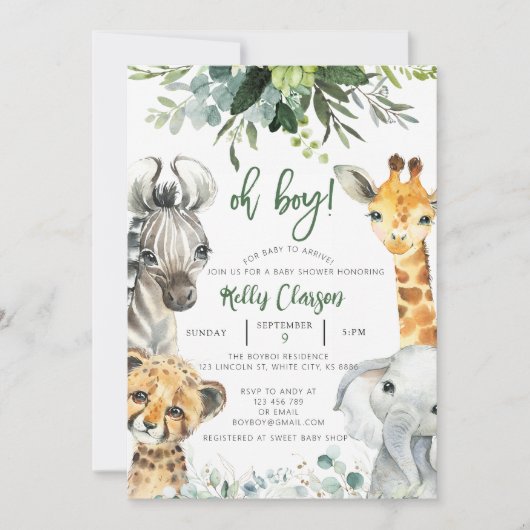 Invitation Animaux Jungle Safari Oh Baby shower garçon (Devant)