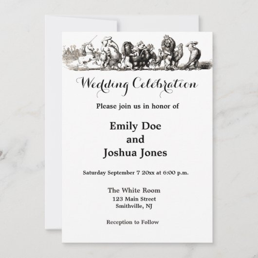 Invitation Animaux Mignons Art Licorne Éléphant Lion Zoo (Devant)