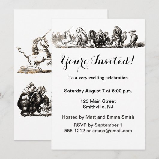 Invitation Animaux Mignons Art Licorne Éléphant Lion Zoo (Devant / Derrière)