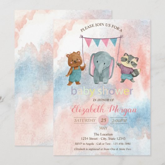 Invitation Animaux mignons, Baby shower d'aquarelle Invitatio (Devant / Derrière)