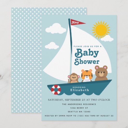 Invitation Animaux mignons en Baby shower de bateau Invitatio (Devant / Derrière)
