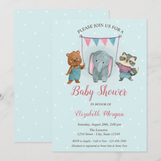 Invitation Animaux Mignons, Fête Prénatale Bébé Points Bleus (Devant / Derrière)