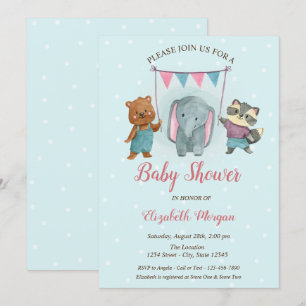 Invitation Animaux Mignons, Fête Prénatale Bébé Points Bleus