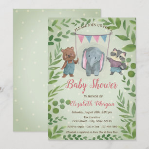 Invitation Animaux Mignons, Feuilles, Baby Shower aux Points