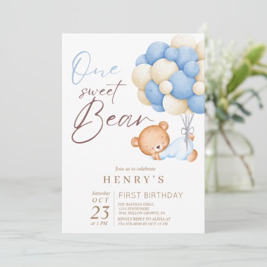 Invitation Animaux Ours Pastel Garçon 1ère fête d'anniversair (Debout devant)