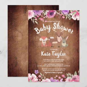 Invitation Animaux Rustiques de la Forêt Fleur Rose Baby Show