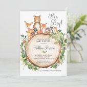 Invitation Animaux rustiques en bois Baby shower Garçon (Debout devant)