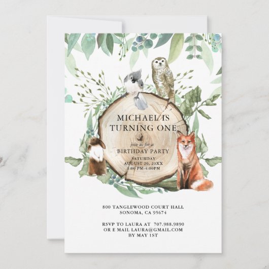 Invitation Animaux rustiques en bois garçon 1er fête d'annive (Devant)
