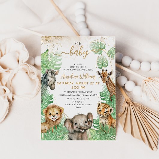 Invitation Animaux Safari Baby shower de verdure tropicale