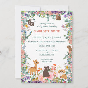 Invitation animaux safari zoo jungle baby shower de fleurs