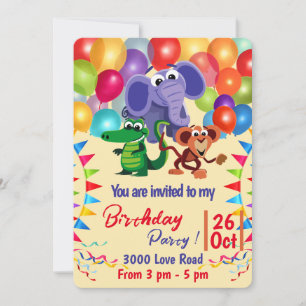Invitation Animaux sauvages avec ballons et rubans