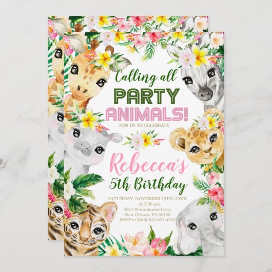 Invitation Animaux sauvages et à cinq fêtes Anniversaire (Devant / Derrière)