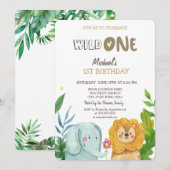 Invitation Animaux sauvages Lion éléphant Feuilles 1er annive (Devant / Derrière)