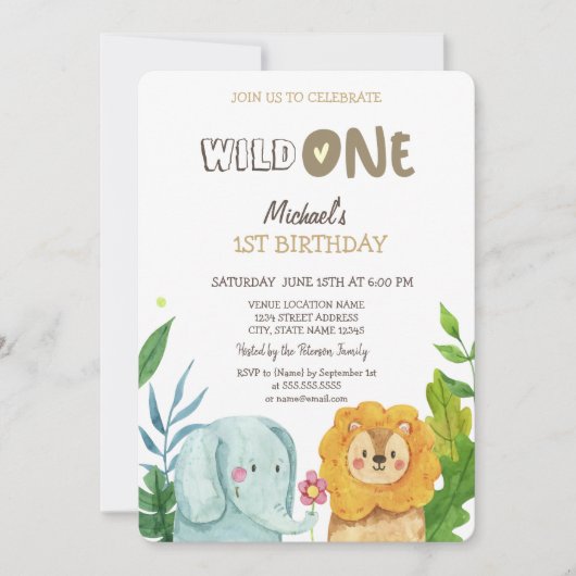 Invitation Animaux sauvages Lion éléphant Feuilles 1er annive (Devant)
