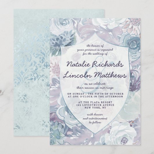 Invitation Annabelle Vintage Blue Floral Crest Mariage (Devant / Derrière)