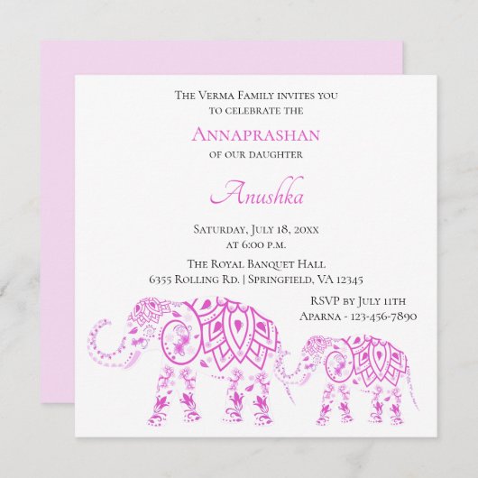 Invitation Annaprashan, les éléphants roses| Premier riz (Devant / Derrière)