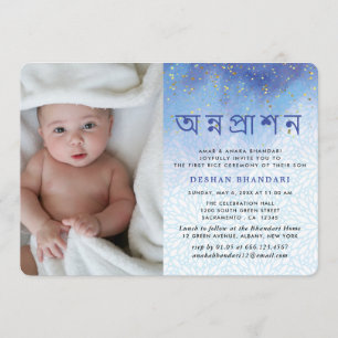 Invitation Annaprashan Moderne Bleu Et Or