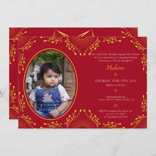 Invitation Annaprashana Première Cérémonie du Riz Rouge Gold (Devant / Derrière)